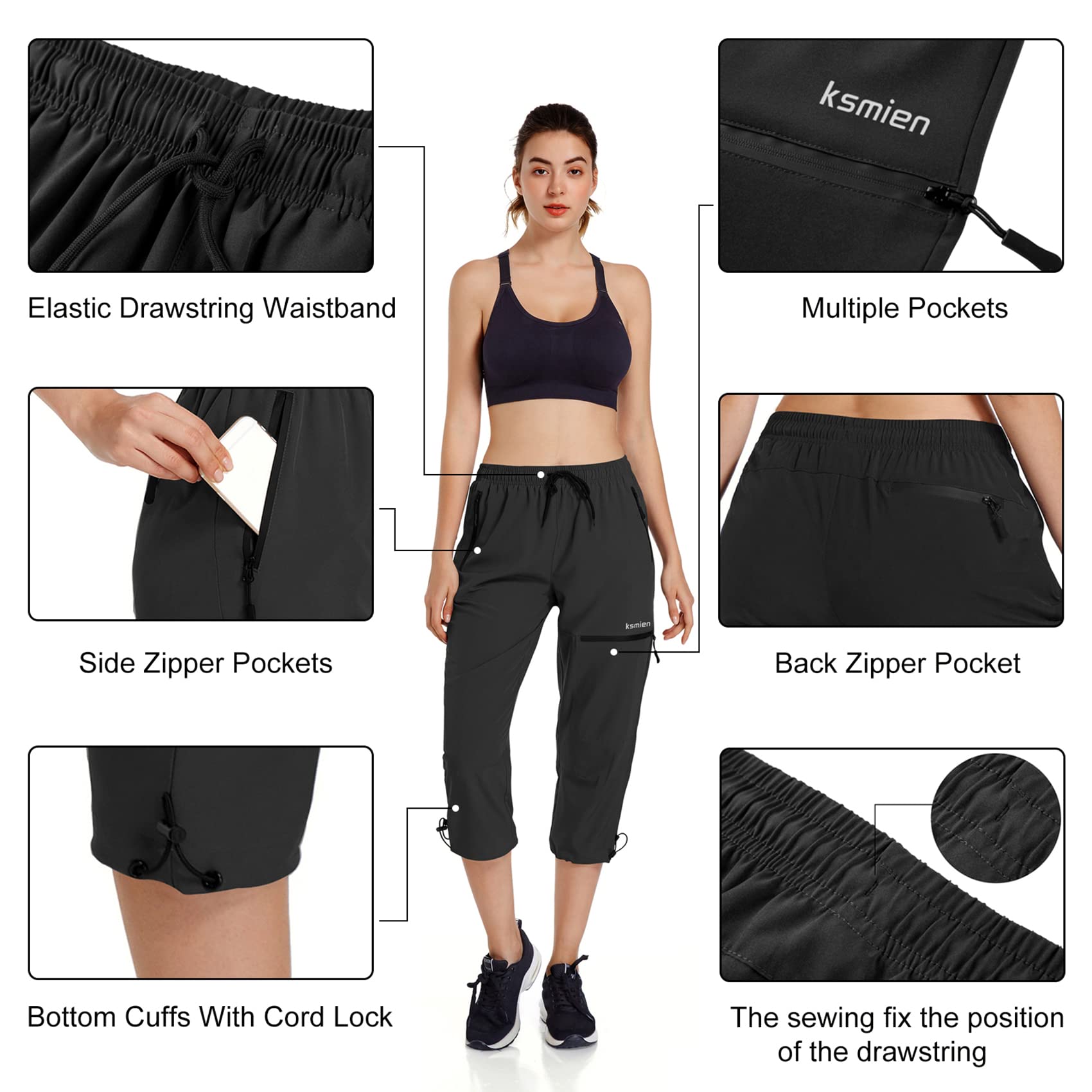 Ksmien Women's Lightweight Hiking Capri Pants Quick Dry Workout Cargo Capris Water Resistant UPF 50+ Zipped Pockets - Image 5
