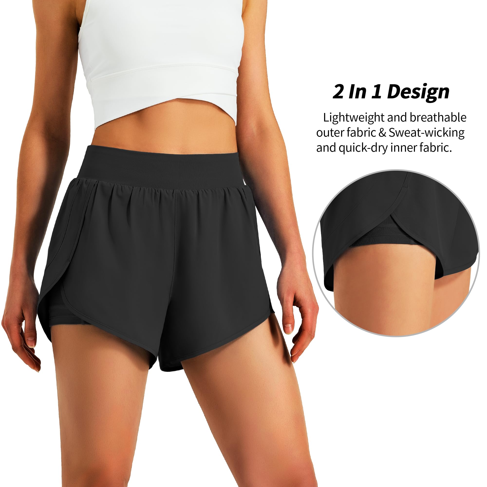Ksmien Womens 3" Athletic Running Shorts - 2 in 1 Quick Dry Split Workout Gym Shorts with Liner Phone Pockets - Image 4