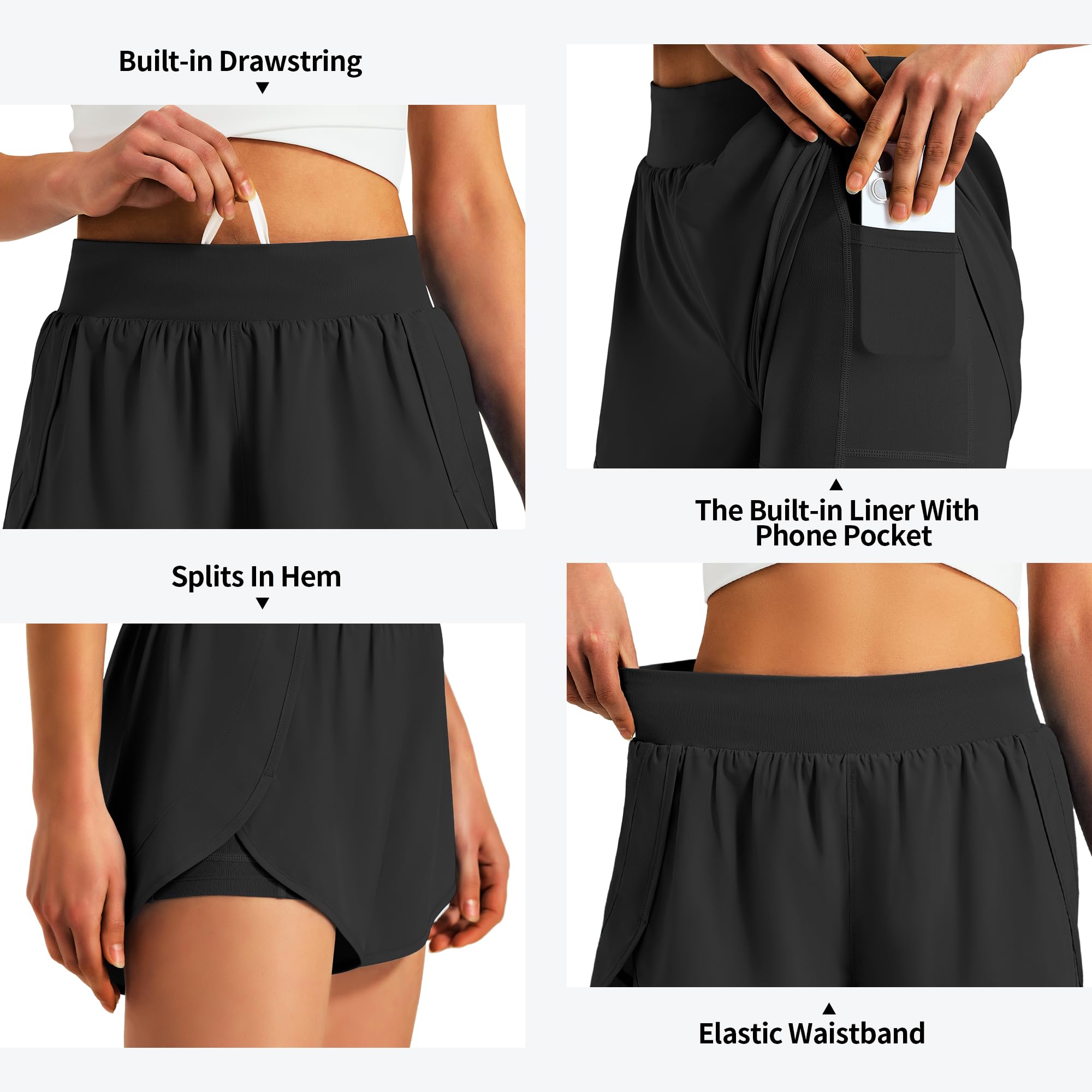 Ksmien Womens 3" Athletic Running Shorts - 2 in 1 Quick Dry Split Workout Gym Shorts with Liner Phone Pockets - Image 5