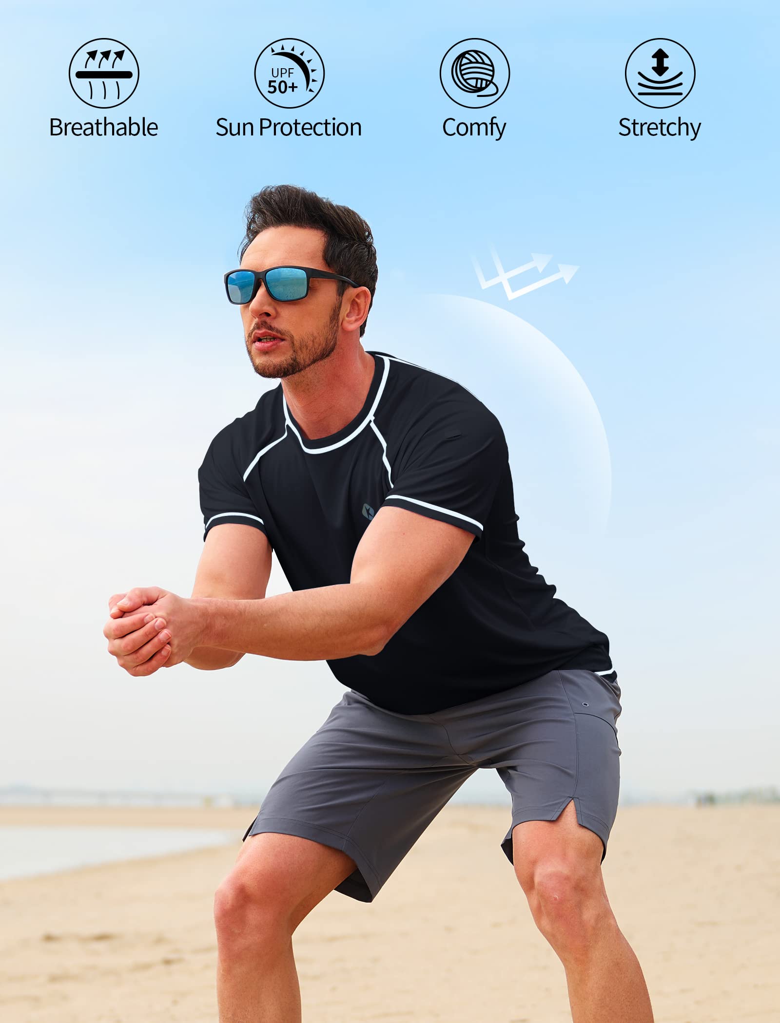 Men's Swim Shirts Quick Dry Rash Guard UPF 50+ Sun Protection Fishing Beach Water Shirts Short Sleeve - Image 4