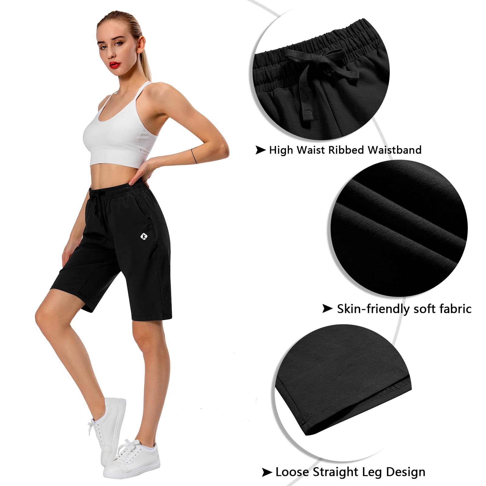 Women's Bermuda Shorts Long Cotton Sweat Knit Shorts Pull On Walking Lounge Shorts with Pocket - Image 4